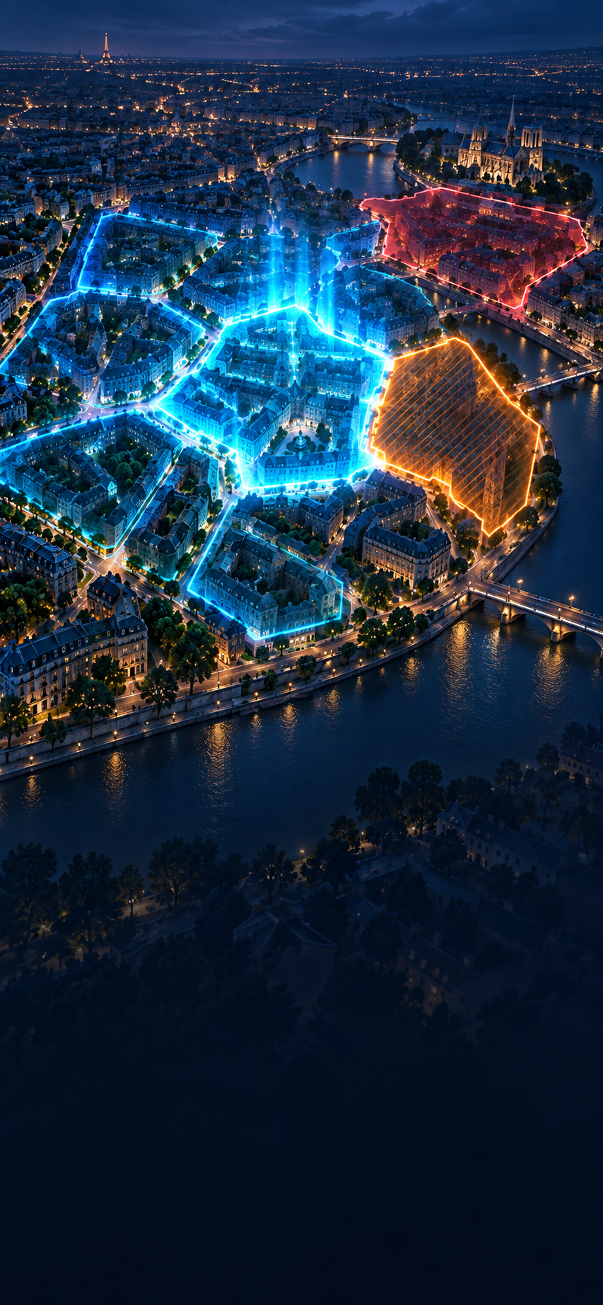 Illustration d’une carte nocturne aux territoires cyan, orange et rouges